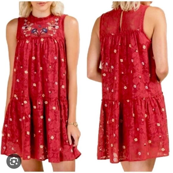 MI AMI Embroidered Floral Lace Ruffle Mini Babydoll Dress Medium Burgundy - Picture 1 of 13